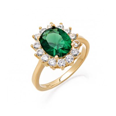 Επιχρυσωμένο ασημένιο γυναικείο δαχτυλίδι ροζέτα με πράσινη πέτρα